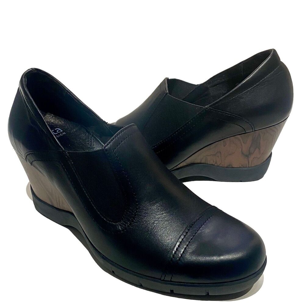 Sanita Madeline Black Leather Wedge Wood Grain Shoes Loafer Women's EU 39 US 8